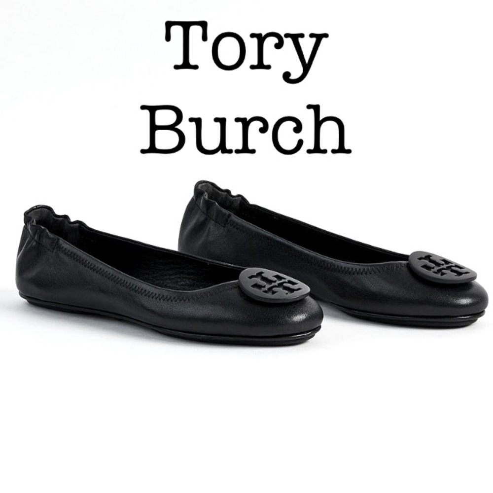 Tory Burch Minnie Travel Black Leather Ballerina Flats Size 9